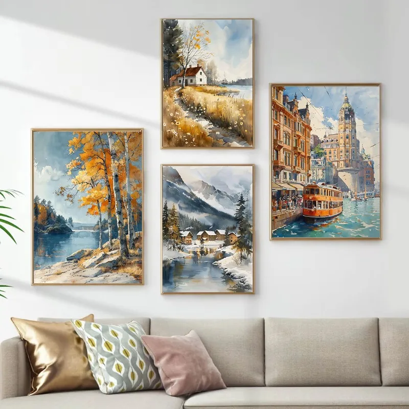 Finland City Landscape Helsinki Lapland Scenery Travel Poster Europe Watercolor Canvas Art Painting Wall Living Room Home Decor