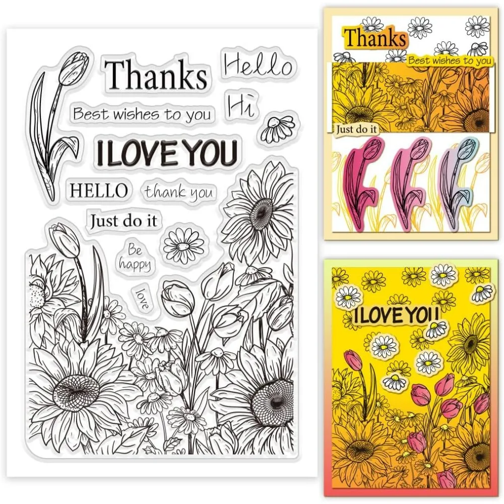 Sunflower Clear Stamps, Letters Silicone Stamps Tulip Transparent Seal Stamps Daisy Rubber Stamps for Photo Albums, Holiday Card