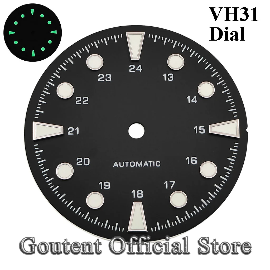 Goutent New Black 28.6mm Sterile 24H Multi‑Color Watch Dial Green Luminous Fit VH31 Quartz  Movement Watch accessories