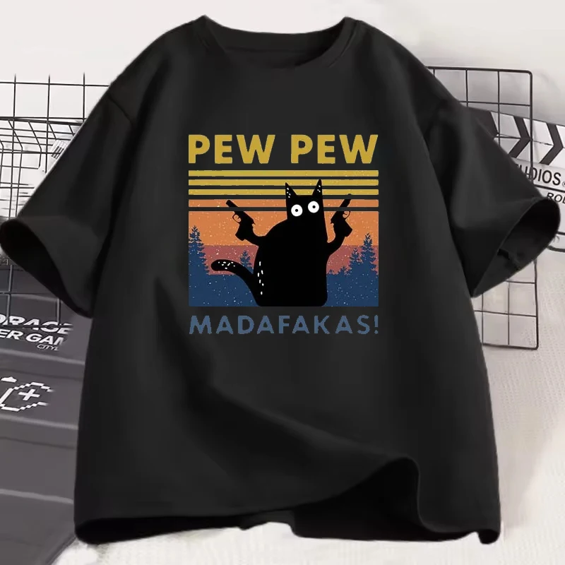 

Pew Pew Madafakas Pattern Unisex T-Shirt Short Sleeves Novelty Funny Cat Tees Casual Loose Shirts Street Fashion Men Women Tops