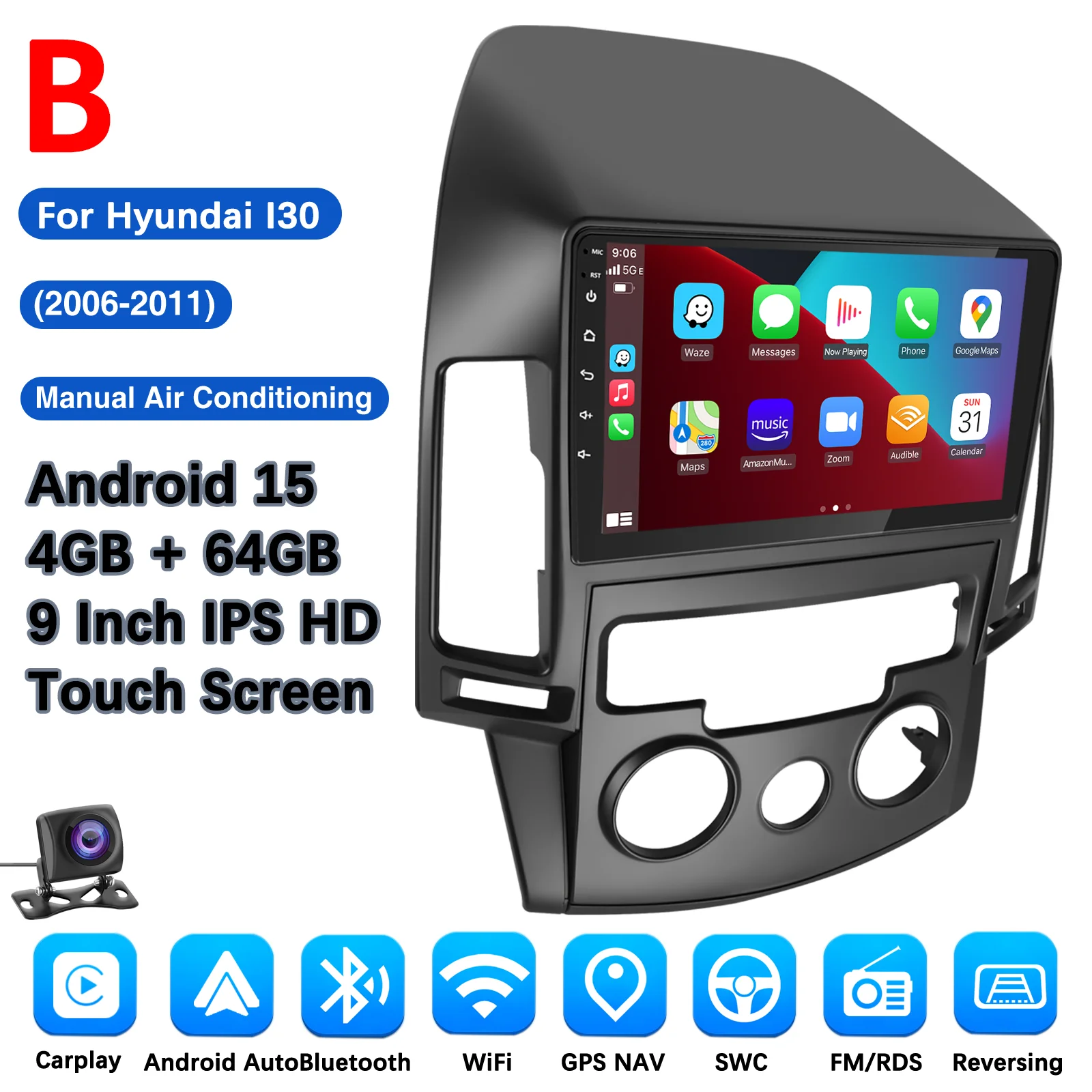 MOPECT 4+64GB Android 15 autoradio voor Hyundai I30 AT/MT 2006-2011 multimediaspeler GPS 2DIN autostereo draadloze CarPlay FM/AM