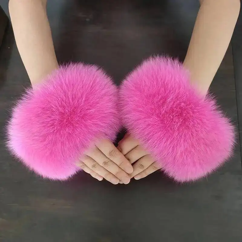 ผู้หญิงฤดูหนาว 100% Fox FUR ข้อมือของแท้ Fox Furry สายรัดข้อมือขนปุยสร้อยข้อมือแขนความอบอุ่นอุปกรณ์เสริมข้อเท้าอุ่น