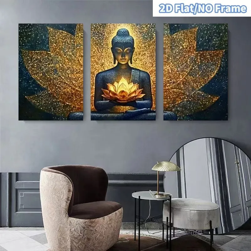 （NoFrame 3pcs）-2D Flat, 2D Flat, 2D Flat Frameless 3pcs Depicting Golden Lotus, Ideal for Enhancing The Atmosphere of Living