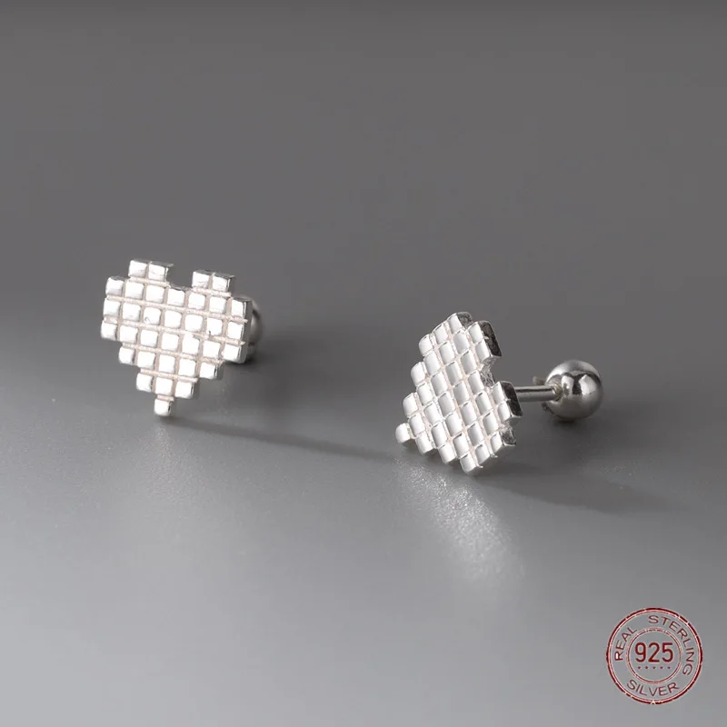 

925 Sterling Silver Pixel Heart Stud Earrings Women's Charm Love Shape Ornament Earring Female Wedding Piercing Jewelry Hot Sale