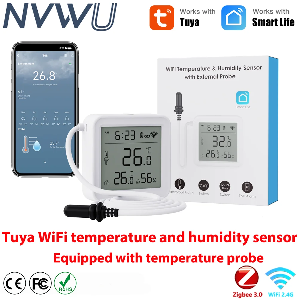 Tuya WiFi Zigbee Temperature Humidity Sensor with External Probe Smart Home Thermometer Work with SmartLife, for Refrigerator