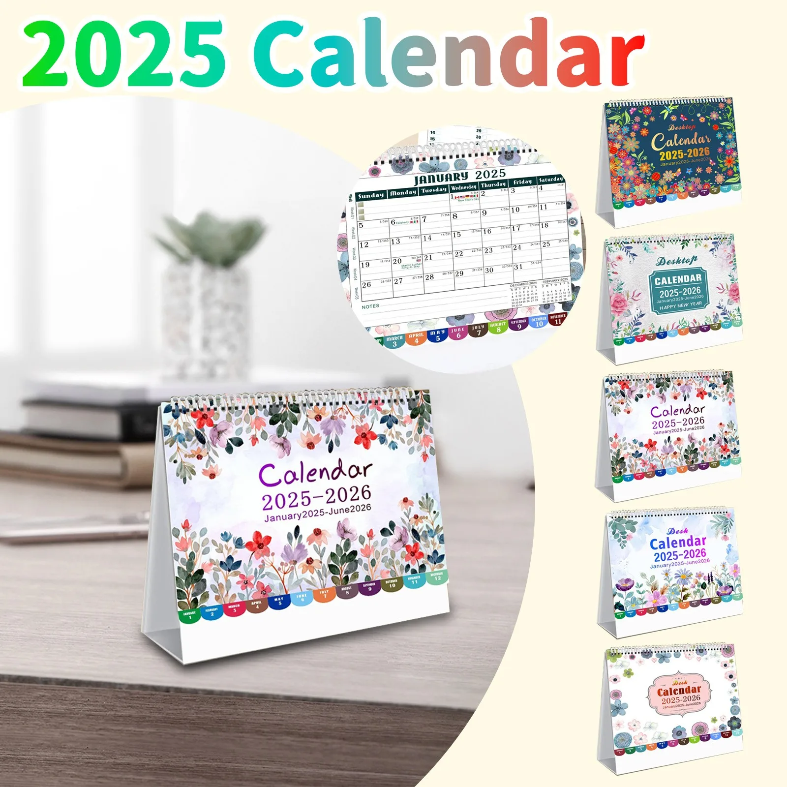 2025 Desk Calendar Floral Theme Printed Horizontal Coils Binding Desktop Standing Calendar For Home Classroom From 25.1 To 26.6