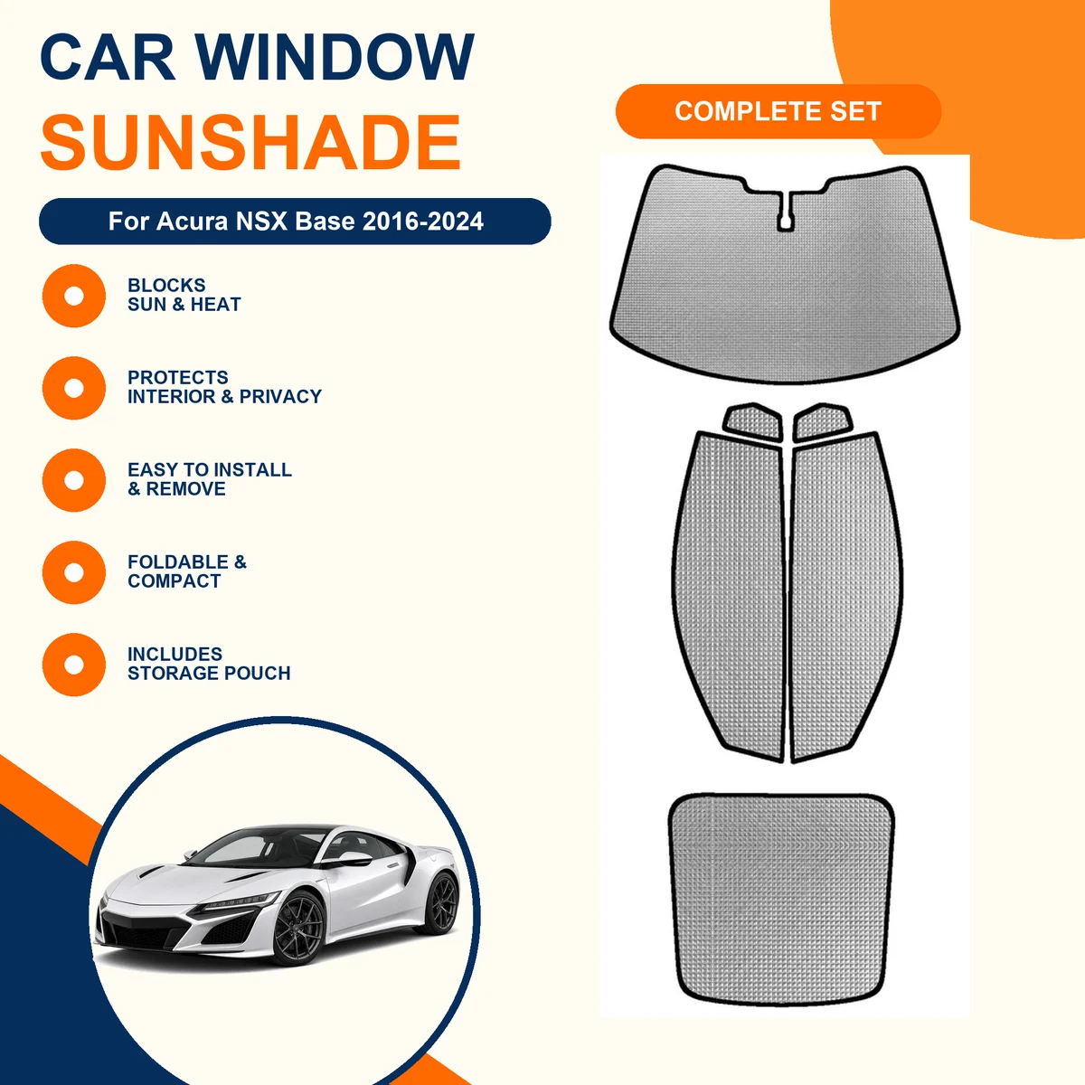 For Acura NSX Base 2016-2024 Custom Full Set Window Sunshades Aluminum Foil Suction Cup Anti UV Privacy