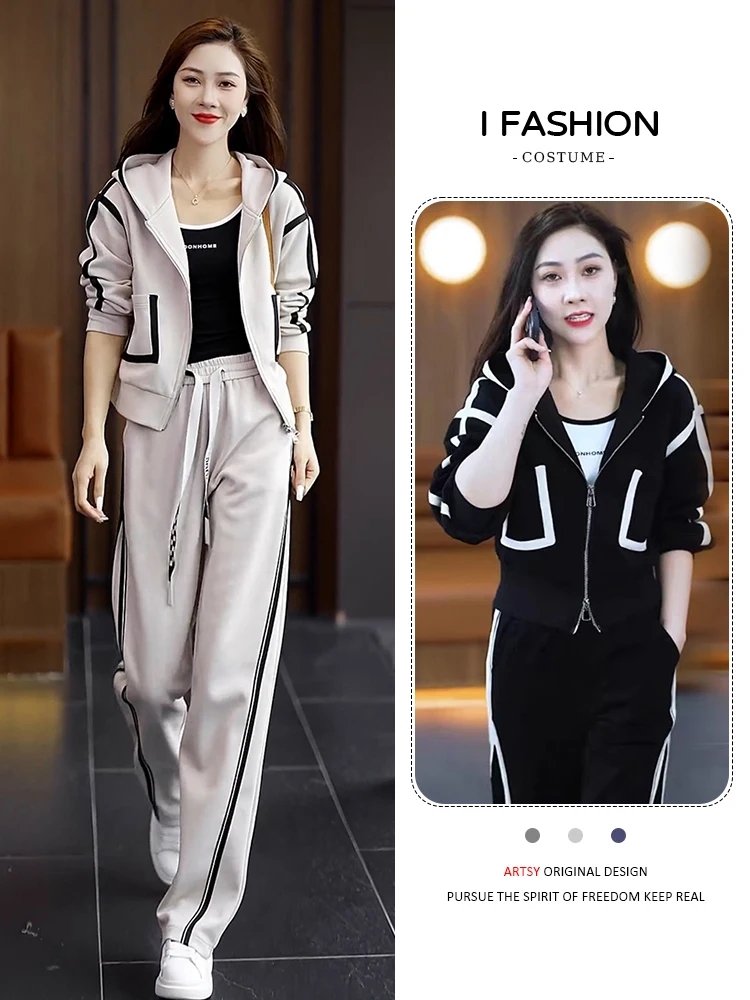 

Faionable Spor Casual Women's Two-Piece Set Coat Wide Leg Pants Spring Autumn Wear Comfortable Cotton Long Sve Zipper