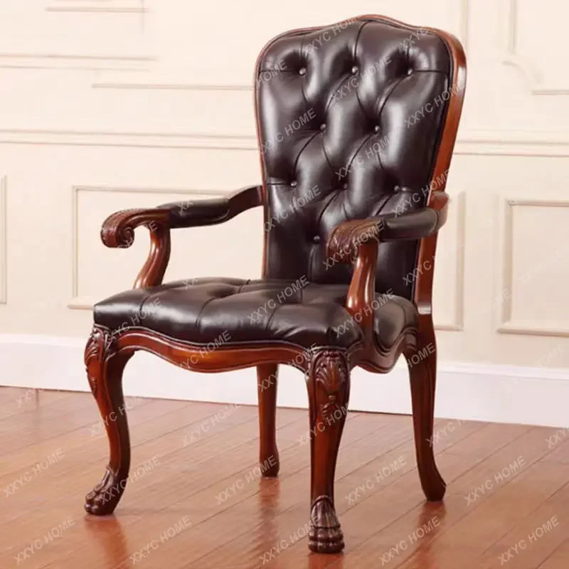 Solid Wood Book Chair Vintage Study Luxury High-end Backrest Chair Solid Wood Carved Leather Executive Office Chair