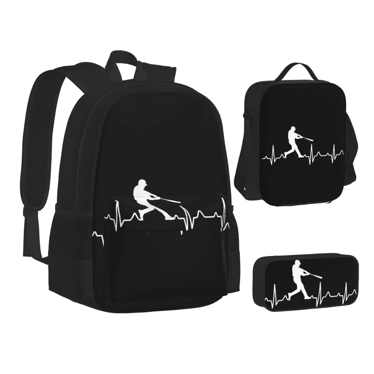 

Baseball Player Heartbeat Backpacks Boys Girls Bookbag Children School Bags Kids Rucksack Lunch Bag Pen Bag Three-Piece Set