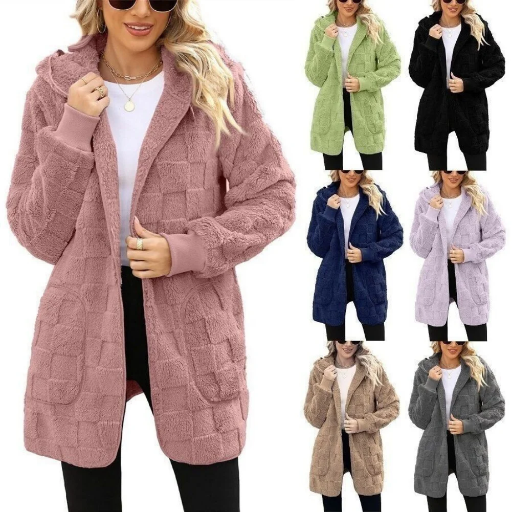 Womens Regular Length Hooded Fleece Cardigan Solid Color Checkered Embossed Style for Vacation Beach and Cycling Use