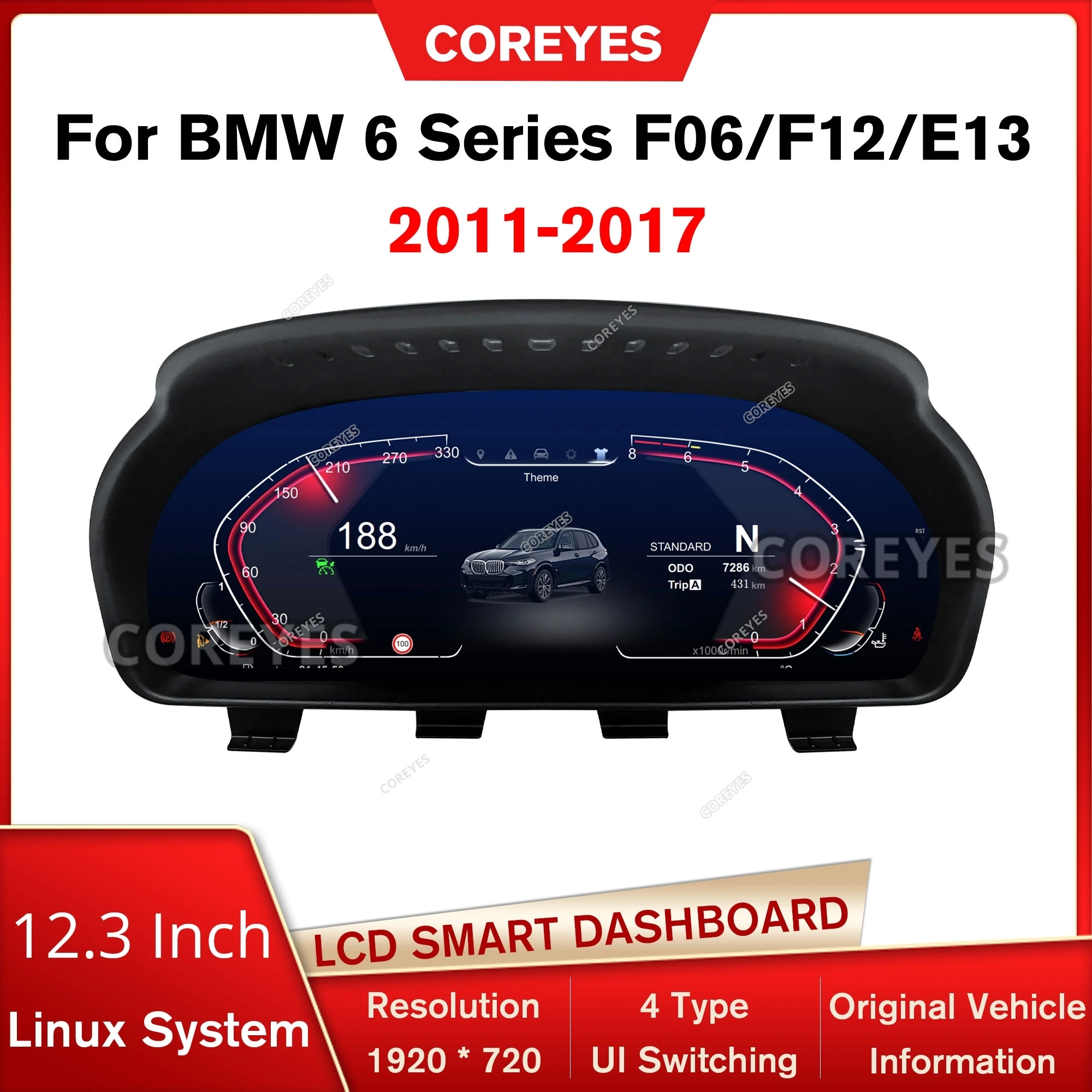 COREYES 12.3'' Digital Instrument Cluster for BMW 6 Series F06/F12/F13 CIC NBT Linux System Speedometer Car Dashboard 2011-2017