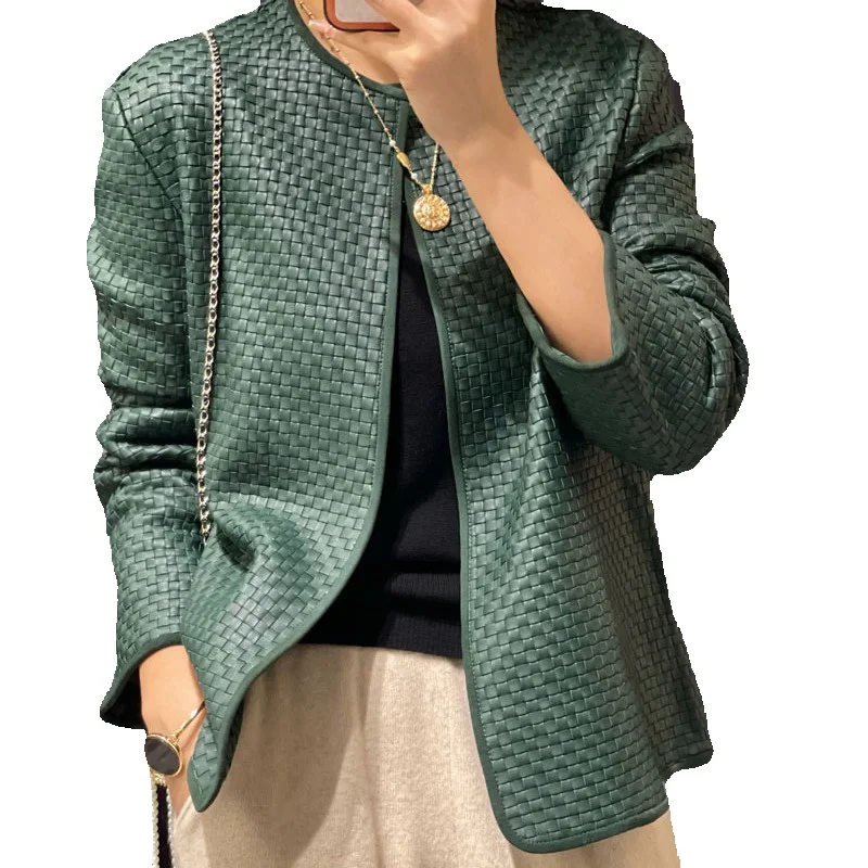 

Seasonal New Slim Fit Sheepskin Jacket For Women, Hong Kong Style Woven Round Neck Leather Jacket