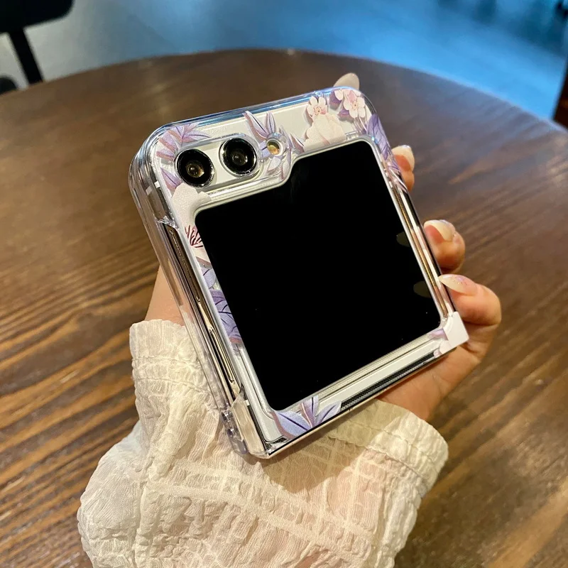 For Samsung Galaxy Z Flip6 Flip5 Flower Print Case Clear Hard PC Luxury Shockproof Folding Cover For Samsung Z Flip 6 5 4 3 5G