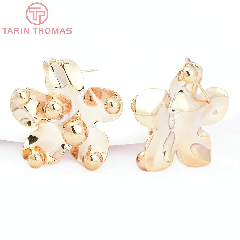 (8087) 2PCS 32x41.5MM 24K Gold Color Brass Flower Shaped Dewdrop Stud Earrings High Quality DIY Jewelry Findings Accessories