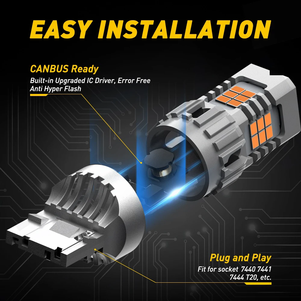 2Pcs AUXITO 7440 WY21W T20 LED Canbus No Hyperflash W21W 7440NA LED Error Free Amber Car Turn Signal Light Bulbs Auto lamp 12V - Image 3
