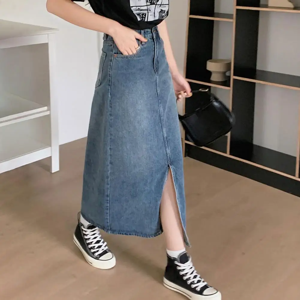 Women Retro Midi Skirt High Waist Button-Zipper Closure Denim Skirt Multi Pockets Front Slit Design Washed Denim Skirt 미적 치마