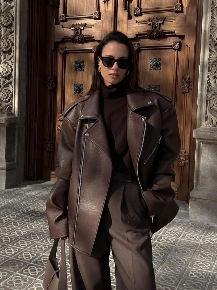 

Street PU Leather Women's Jackets Lapel Long Sleeves Zipper Female Coats 2024 Autumn New Motorcycle Casual Loose Lady Outwears
