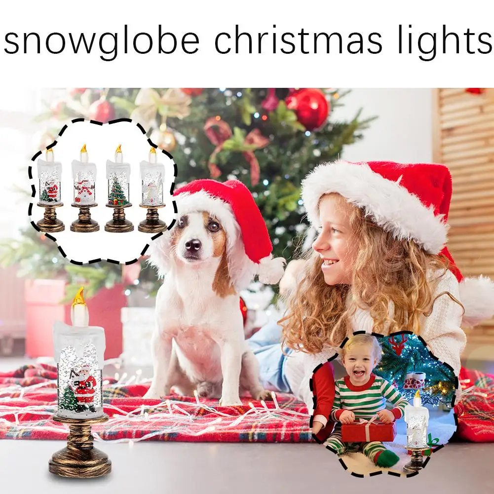 Christmas Snow Flameless Candle Glittering Christmas Rotating Night Water Flashing Snow Candle Lights Snow Glob X3S5