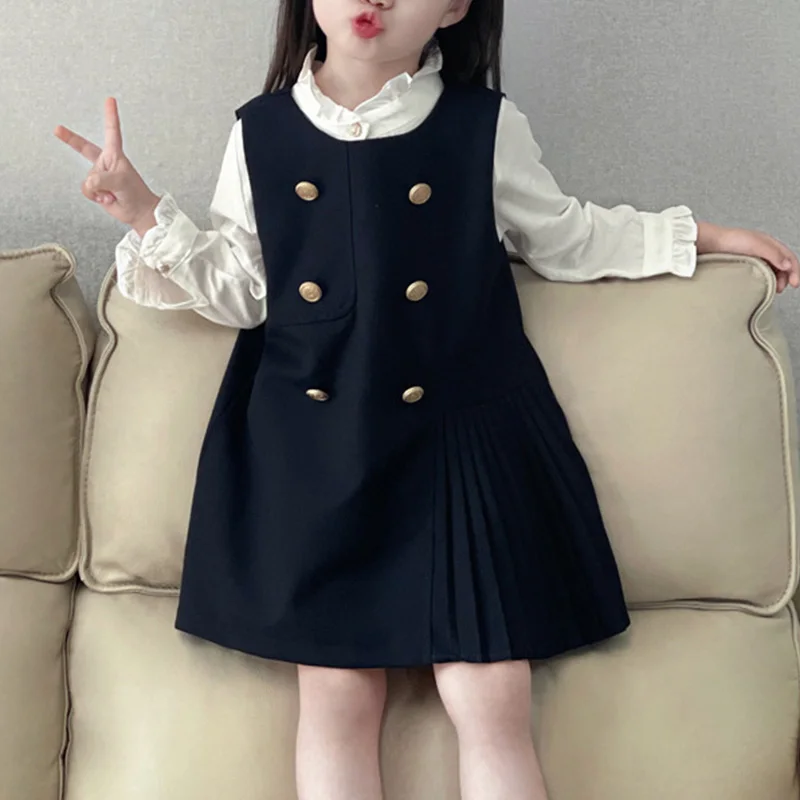 Spring Girls Clothing Suit Autumn New Children's Campus Style Dress Fashion Lace Neckline Shirt+ Double breasted Tank Top Dress