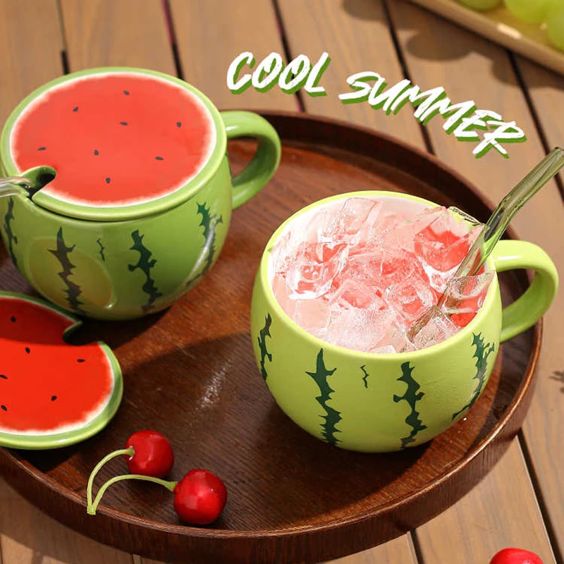 

Керамическая кружка 450 мл с крышкой и трубочкой, в форме арбуза, креативная, милая, зеленая, в подарочной коробке, для дома и офиса, для воды и завтрака
