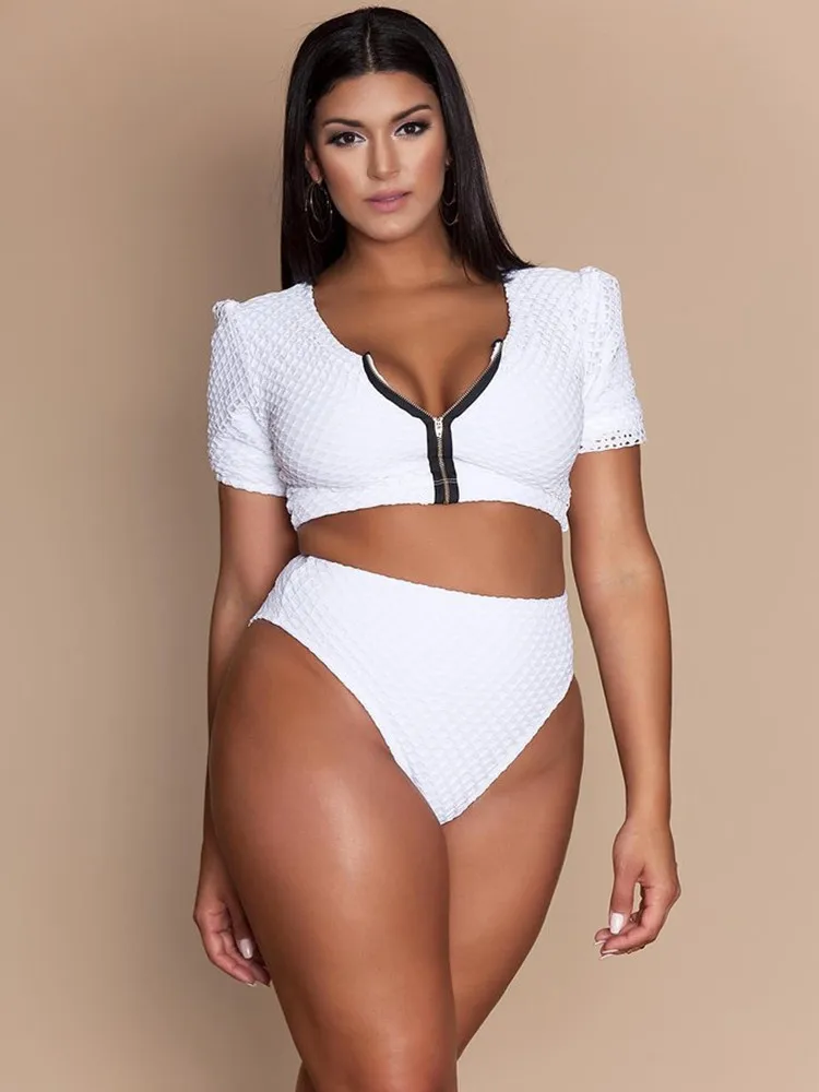 Sexy Large Size Bikini Set Women Swimwear 2023 New 2-piece Swimsuit Monokini Female Zipper Short Sleeve Bathing Suit Plus Size