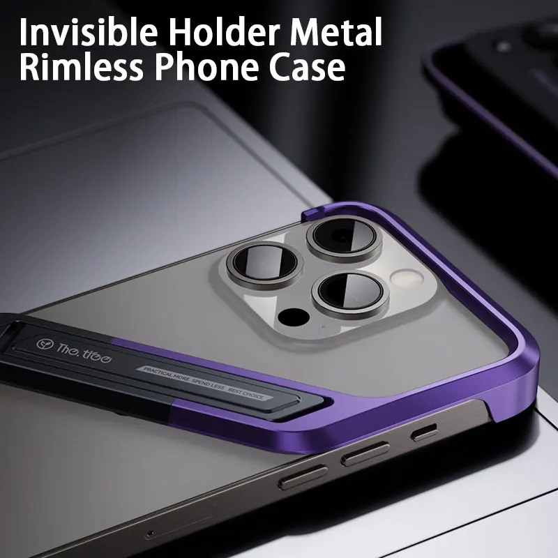 Metal Invisible Holder Phone Case For Iphone 14 15 16 Pro Max S Type Aluminum Rimless Phone Cover Heat Dissipation Stand Shell