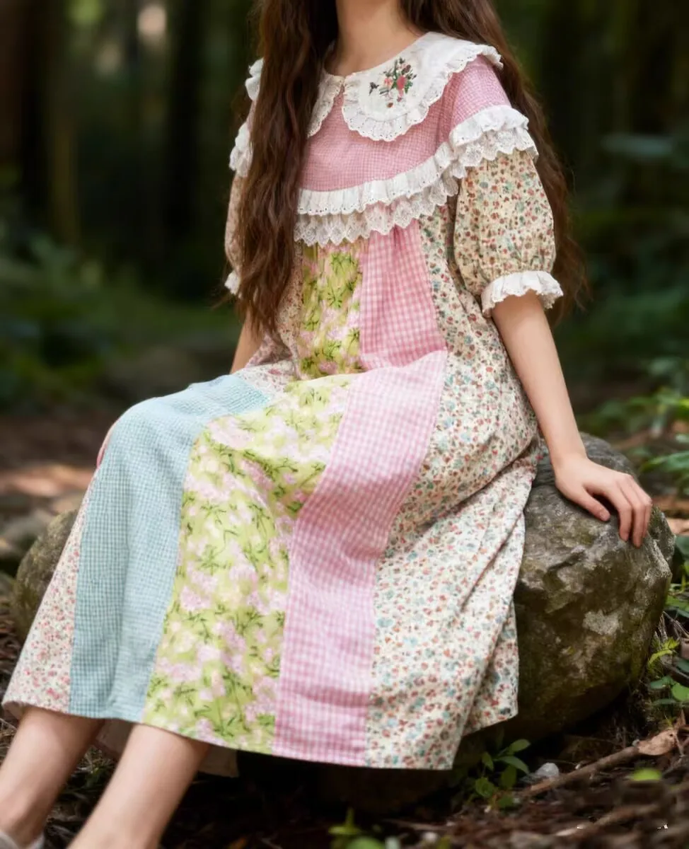 

Летнее милое хлопковое платье миди с коротким рукавом в стиле пэчворк для женщин, в стиле Лолита/Мори гёрл