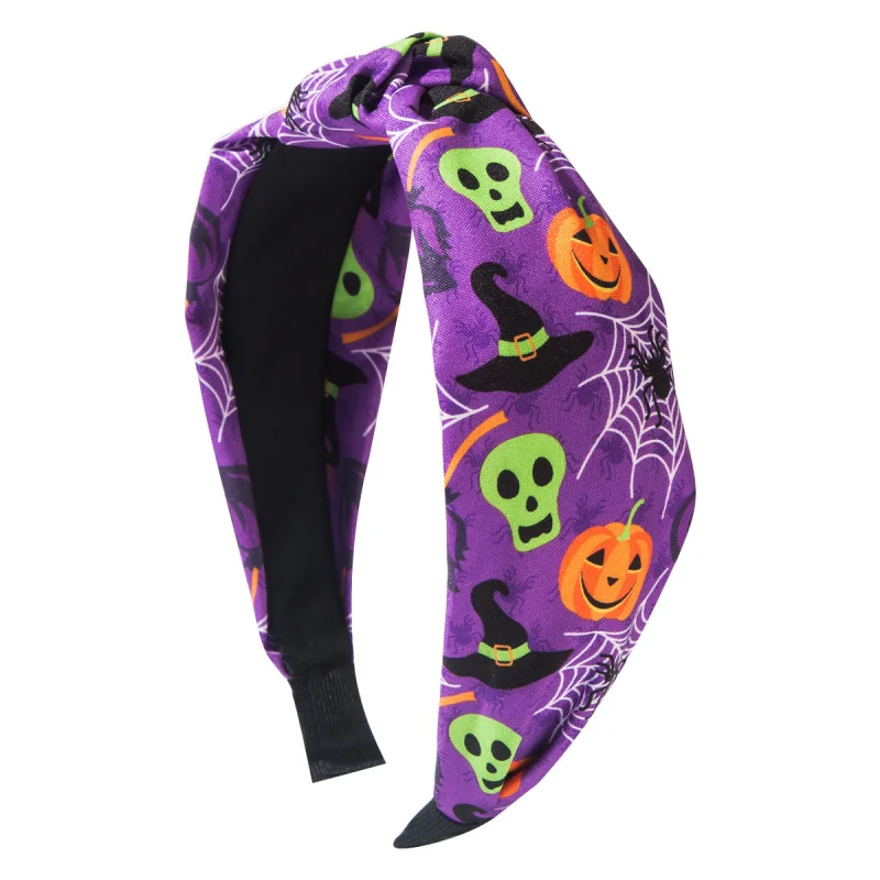 عصابة رأس من القماش المطبوع بتصميم جمجمة وقرع وخفافيش وعناكب لعيد الهالوين