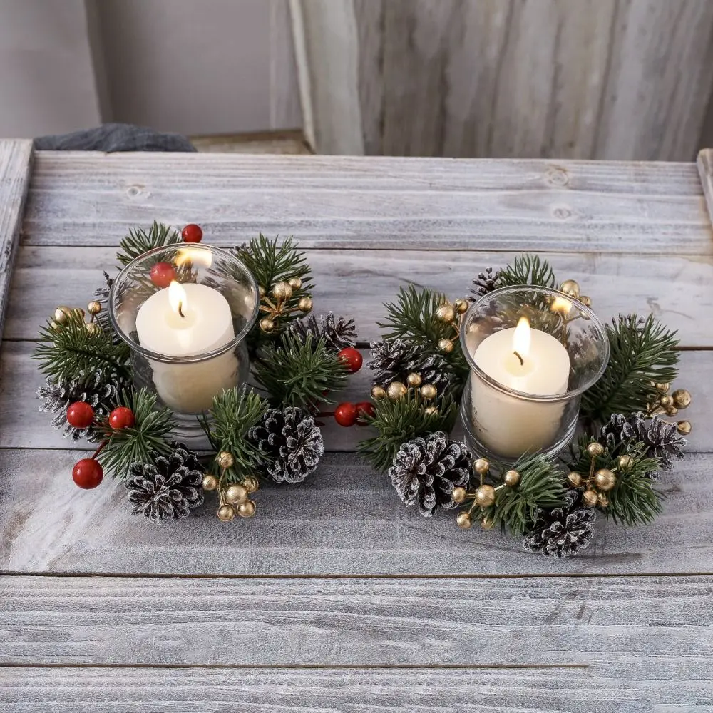 with Pinecone and Berry Christmas Candle Rings Artificial 20cm Candle Holder Rings Christmas Table Decoration Plastic