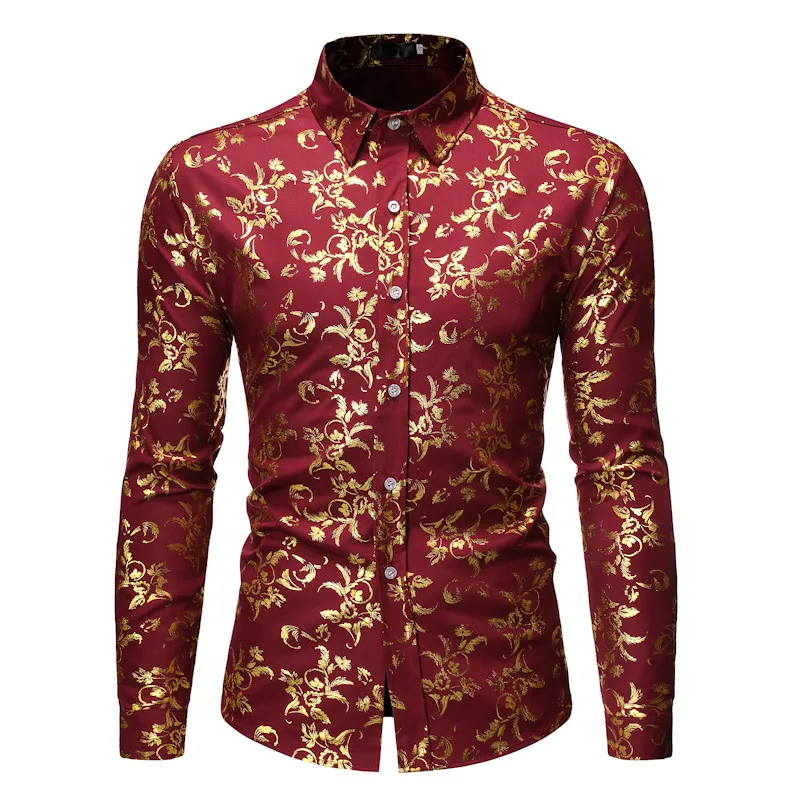 New Men Gold Stamp Printed Loose Shirt Black / White / Wine Red Fashion Male Business Social Casual Lapel Tops