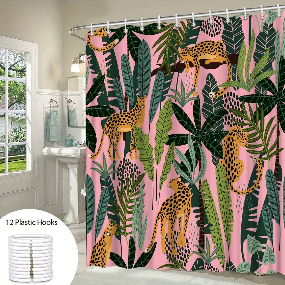 Tropical Cheetah & Foliage Bath Curtain - Vibrant Design with Cheetahs in Dynamic Poses Amidst Lush Greenery