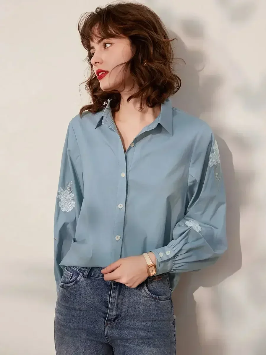 LOUIS YAO Women Blouses 2024 Spring New Turn Down Collar Long Sleeve Office Lady Loose Fit Sequin Embroidery Women\'s Shirt Top