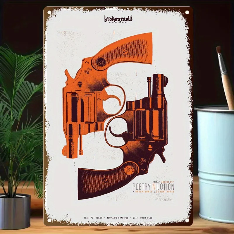 Vintage Metal Sign - Retro Revolver Graphic in Orange & Brown - Peace Through Tolerance Firearm Decor - Heavy-Duty Metal Cons