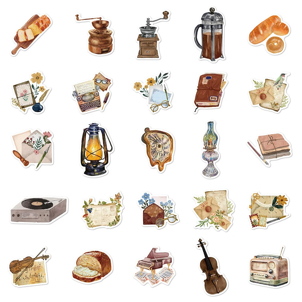 10/30/50pcs Vintage temps mémoire Graffiti autocollants esthétique dessin animé décalcomanies bricolage bouteille d'eau téléphone guitare ordinateur portable autocollant emballage