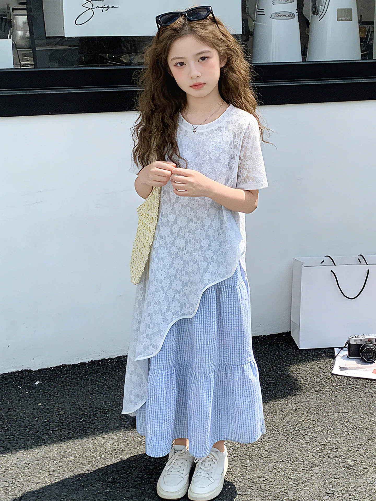Conjunto de Roupa Casual de Verão para Meninas, Vestido com Barra Irregular, Conjunto de Duas Peças, Algodão, Gola Redonda, M...