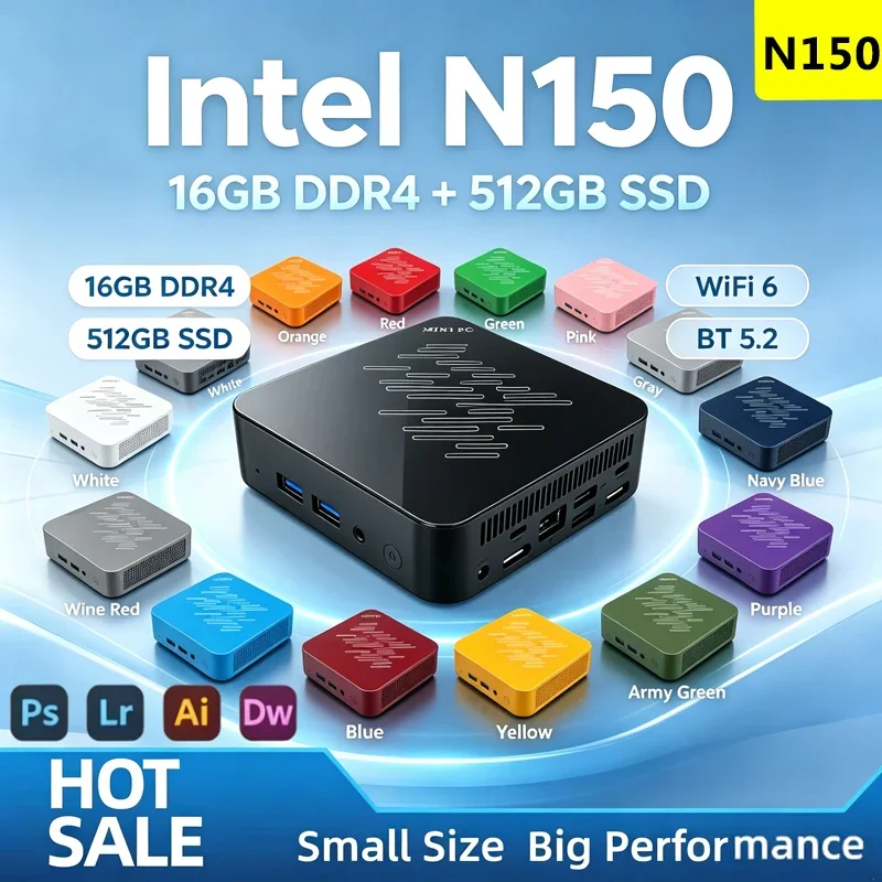 2026 Intel N150 Portable Mini PC 4C4T 3.6GHz 16GB DDR4 M.2 NVMe SSD 512GB Triple 4K WiFi6 BT5.2 Silent Cooling Office Home Pro