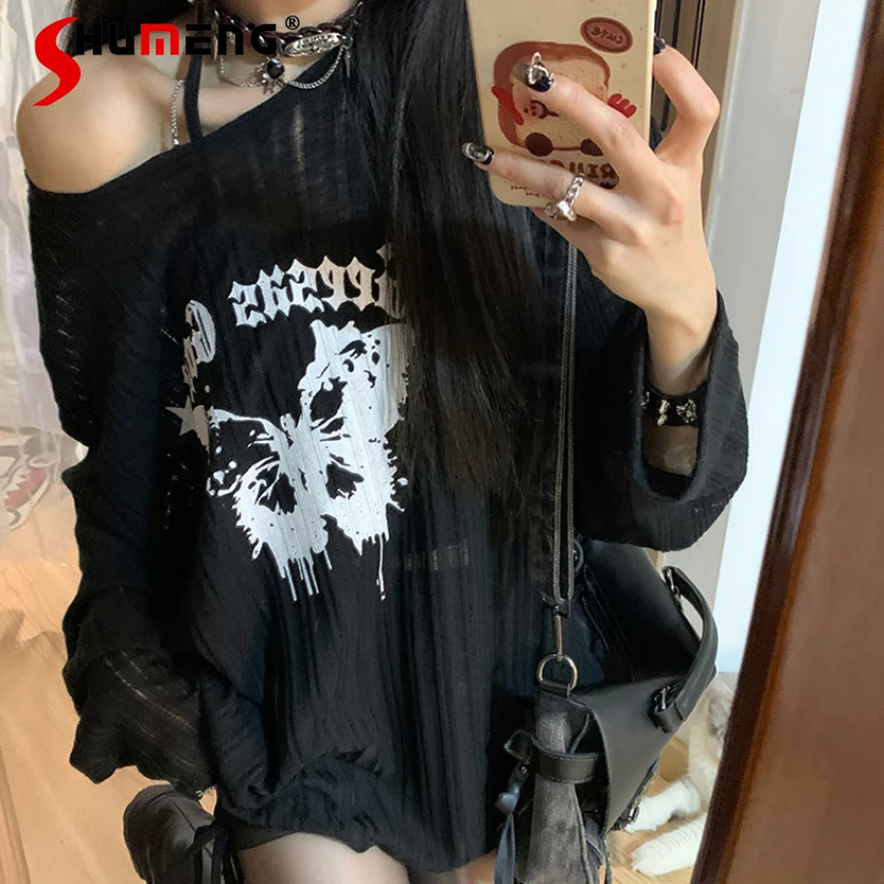 

Japanese Style Black Bowknot Bottoming Shirt Women's 2024 Early Spring New Design Off-the-Shoulder Printed Pure Desire Top Tees