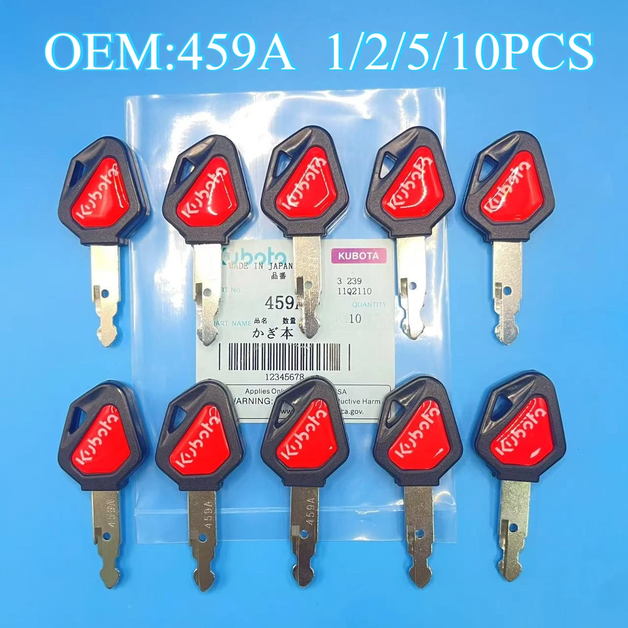 Red Ignition Logo Key 459A Kubota Skid Steer Track Loader & Mini Excavator Ignition Key Red Logo 459A