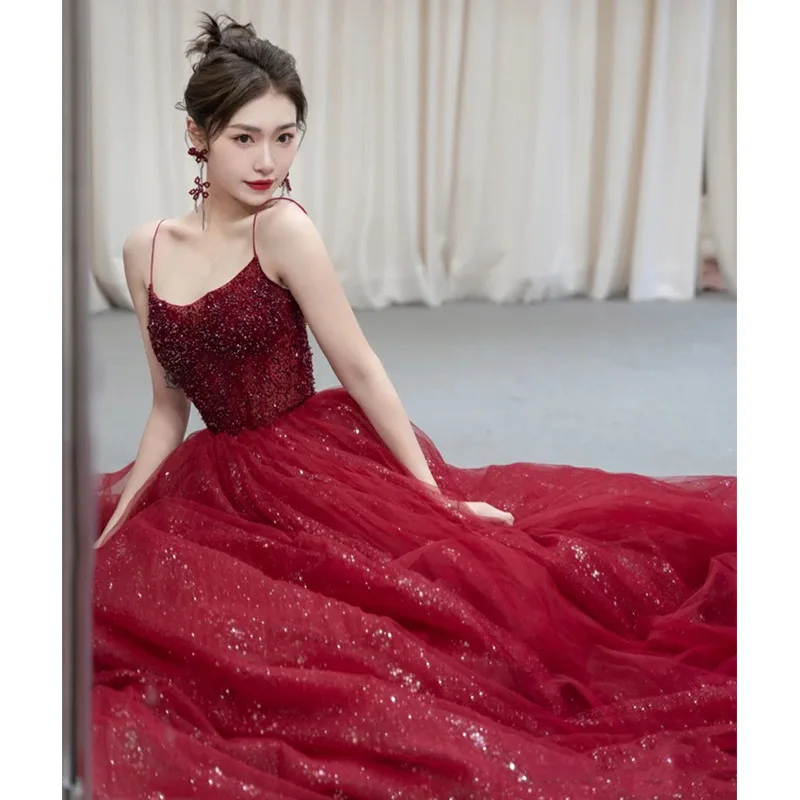 Customized Shiny Sequined Long Evening Dress Sexy Strapless A-line Robe De Soiree Classic Spaghetti Strap Elegant Prom Dress