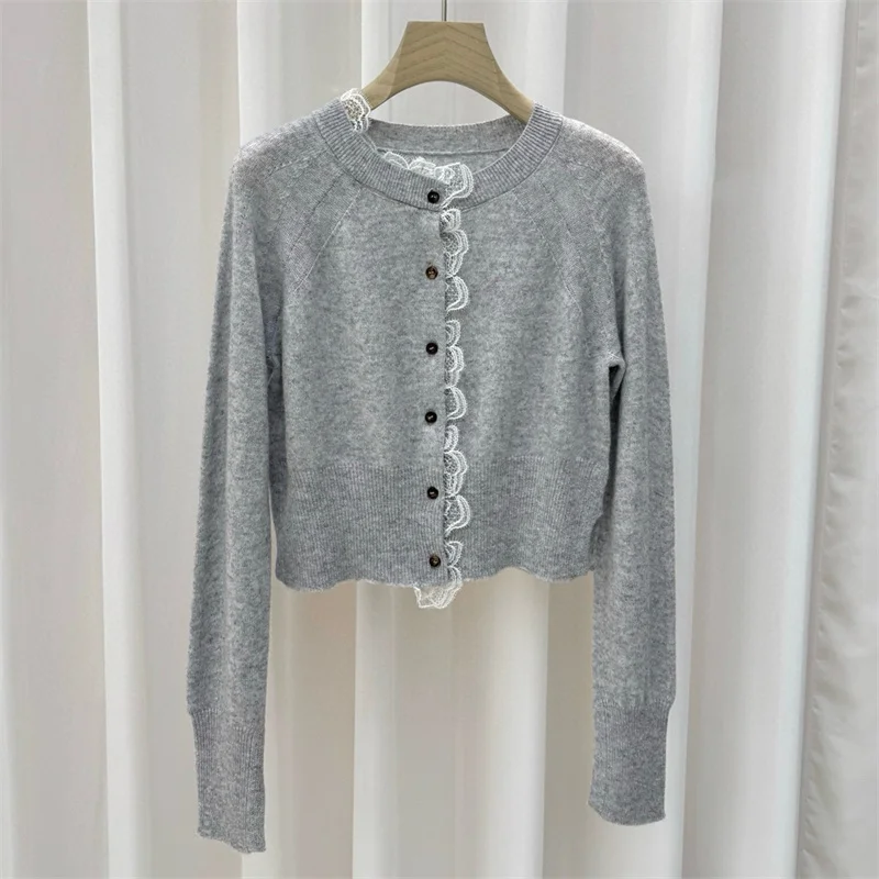 

Кардиган для женщин. Новый эластичный облегающий топ с длинными рукавами на осень 2021. Женский свитер из смеси шерсти y2k. Кружевной лоскутный трикотаж.