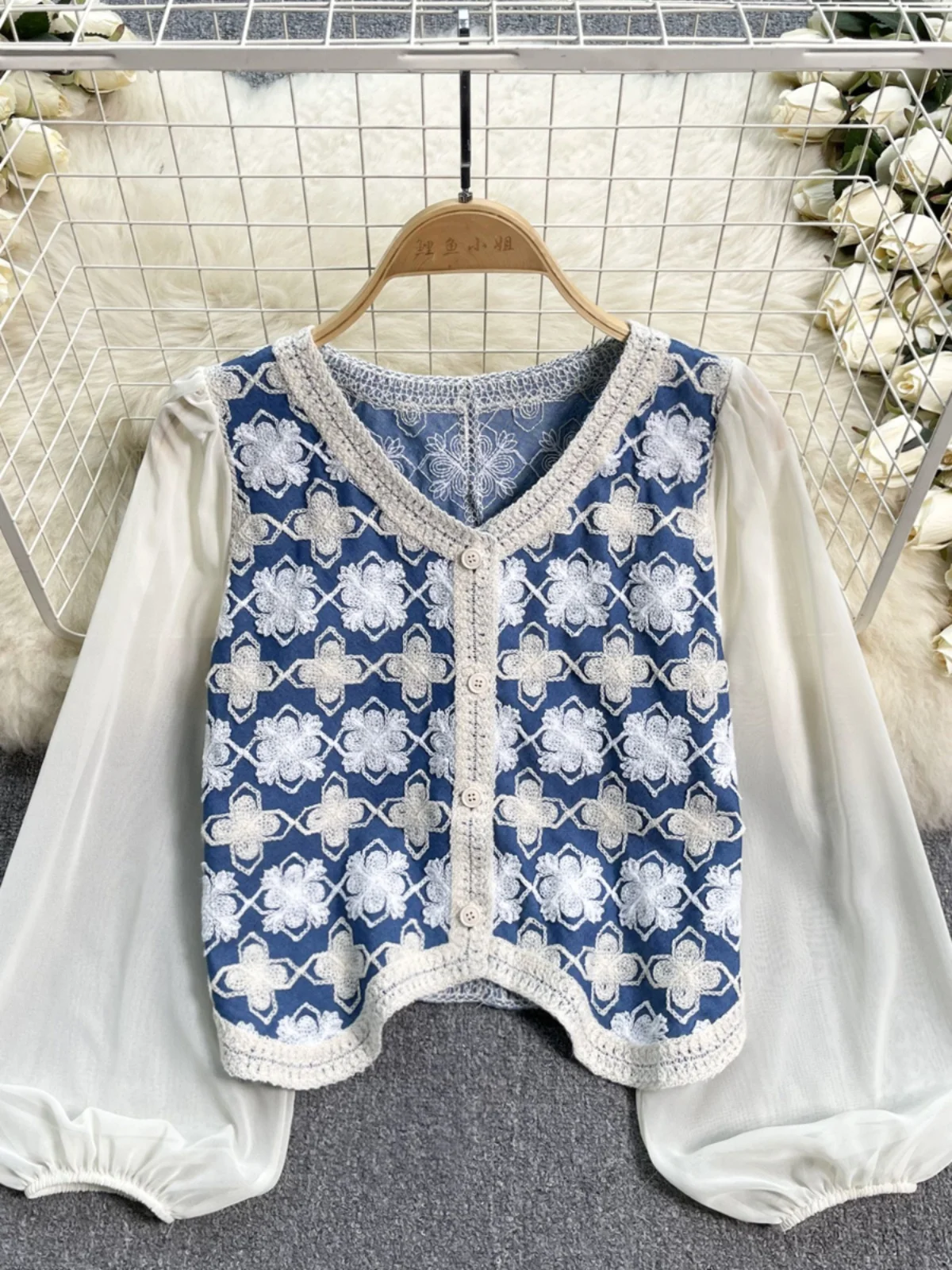 Long Sleeve Crochet Knit Top Floral Embroidery Button Front Shirts Woman Blouses Summer Fairycore Cottagecore Outfit