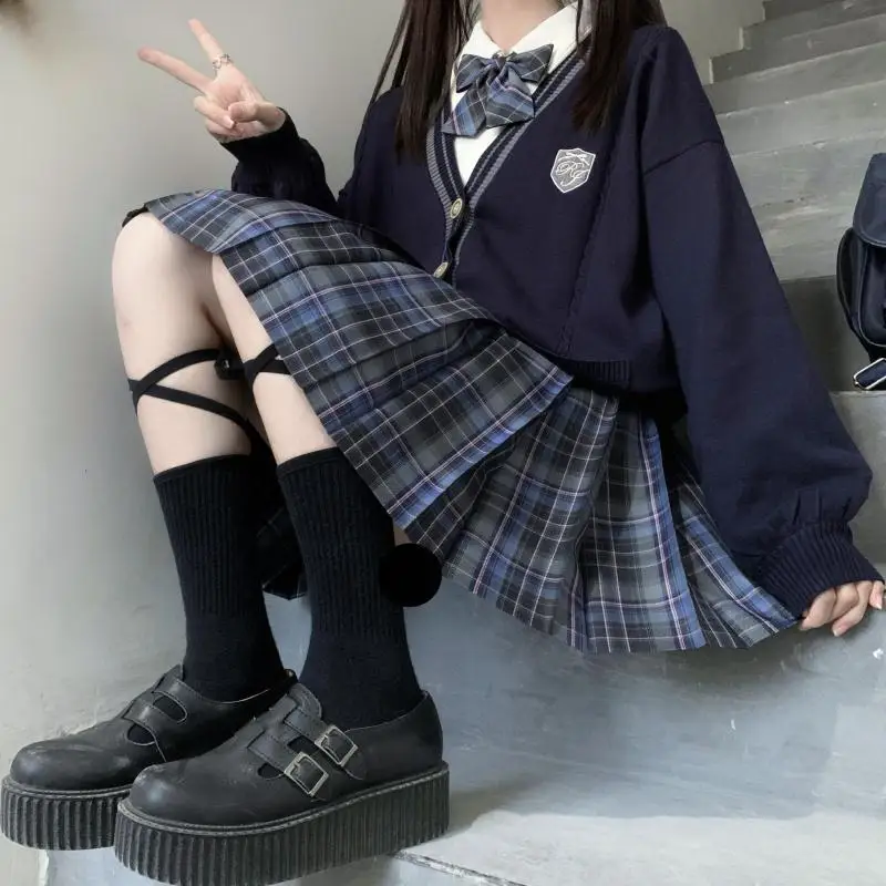 Cardigã japonês de malha para meninas, estilo universitário, uniforme JK, suéter de manga comprida, bordado coreano de estudante, uniforme escolar solto, azul