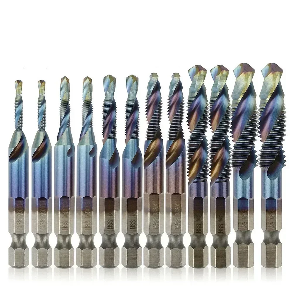 12pc Tap Drill Bit 1/4in Hex Shank Drill Titanium Plated Screw Thread Drill Bits M3-M10 Quick-Change Screw Machine Compound Tap