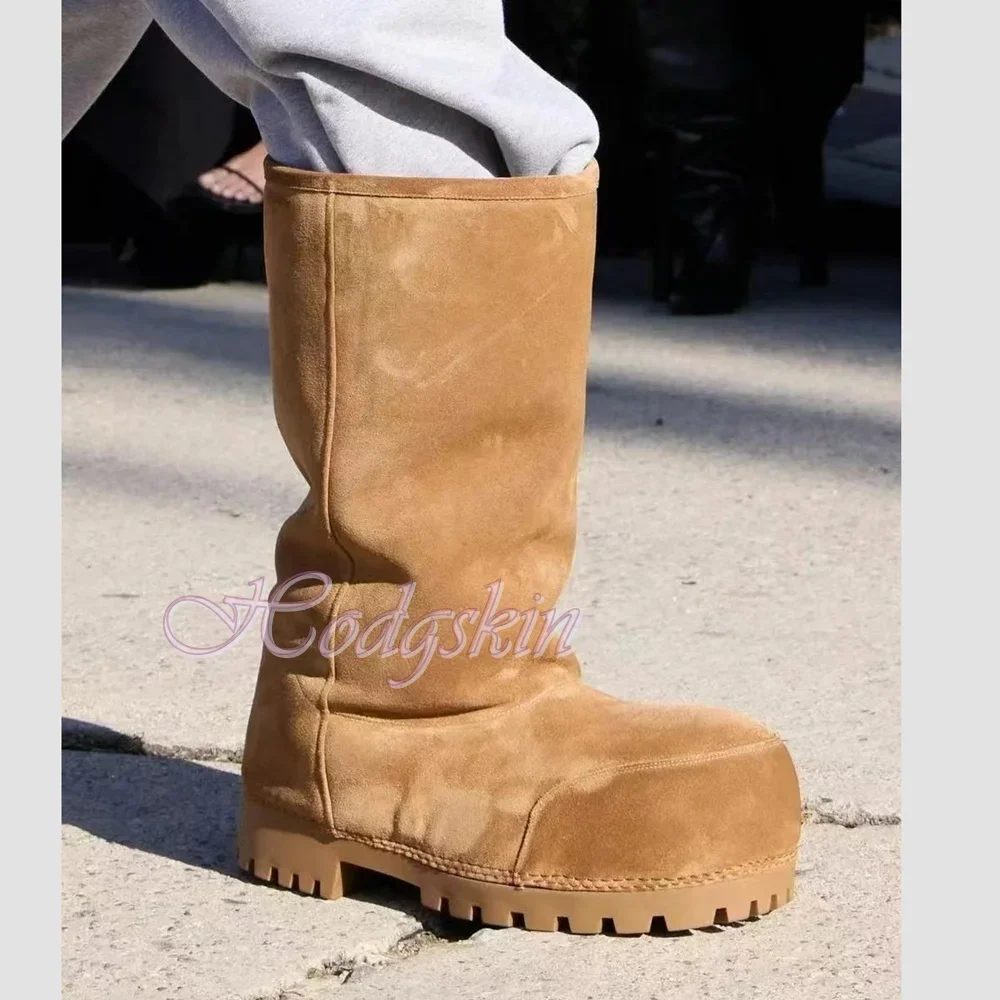 Big Head Winter Warm Boots Round Toe Solid Knee High Boots Women New Shoes Thick Sole Slip On Fur Suede Ladies Casual Long Boots