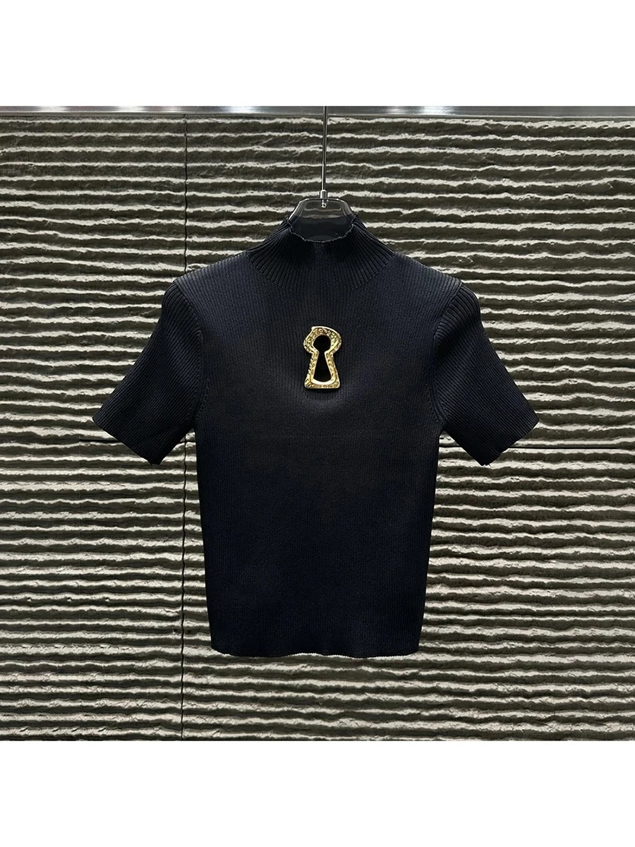 

Hollow Out Spliced Metal Buckle T Shirts For Women Turtleneck Short Sleeve Minimalist Slimming T Shirt Female 2025