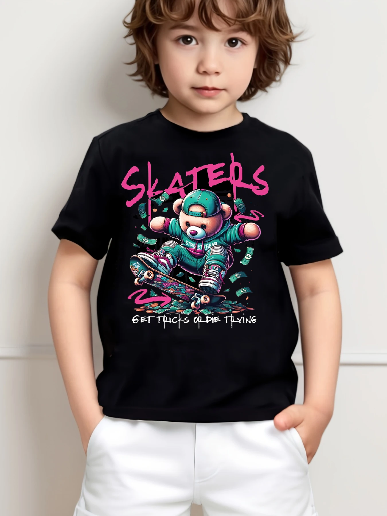 

Cool Skateboard Bear Print Short Sleeve T-shirt, Casual Trendy Round Neck Comfy Summer Tops, Boy's Clothing