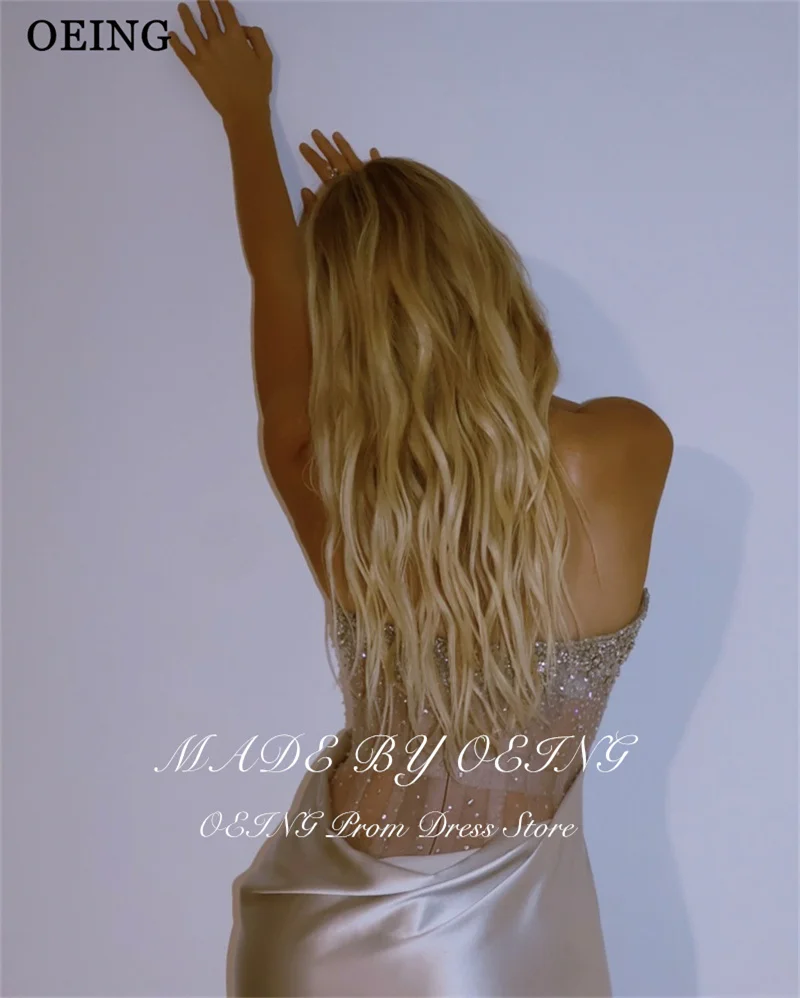 OEING Sexy Silver Mermaid Prom Dress Silky Sweetheart Sleeveless Illusion Beading Side Slit Party Dress vestidos Customized