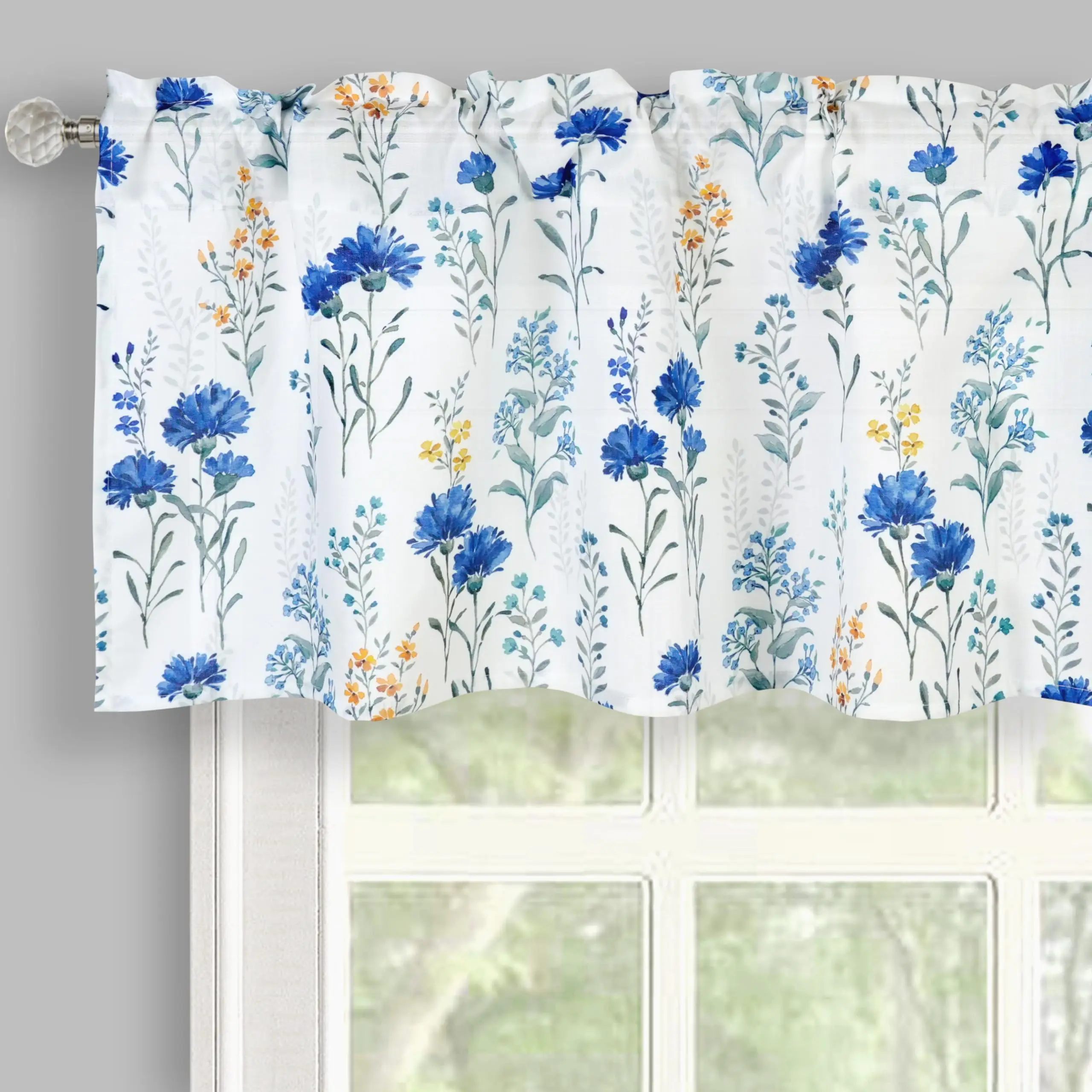 Watercolor Blue Flowers and Leaves Semi Sheer Curtain Valance,Window Valance Curtains for Kitchen Living Room Bedroom Windows