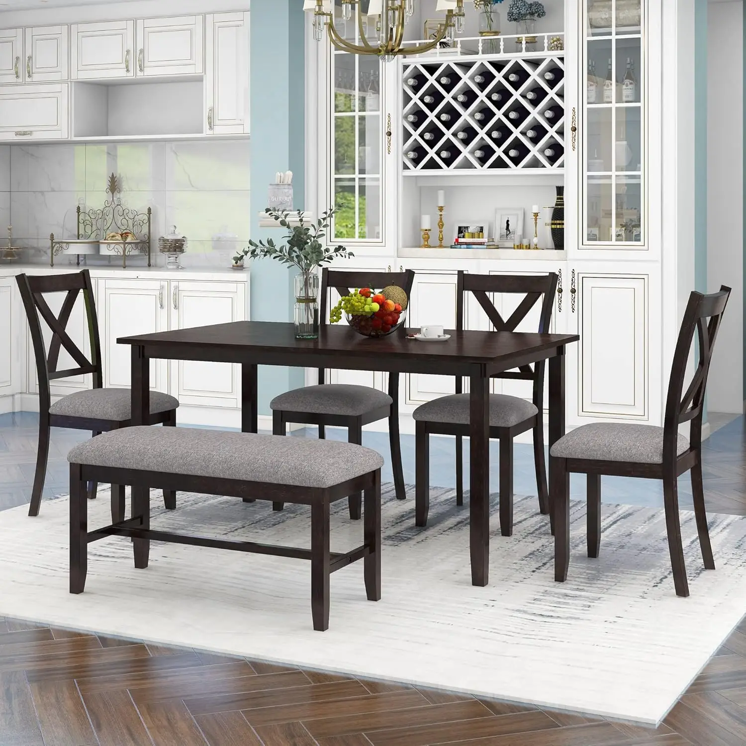 Merax 6 Piece Kitchen Dining Table Set, Wood Rectangular Table And 4 Dining Chairs With Cushions And 1 Bench With Cushion,